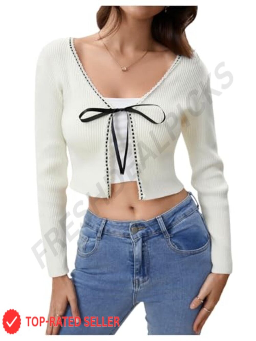 Women's Tie Front Long Sleeve Ribbed Knit Shrug Cardigan Crop Top Lace Trim